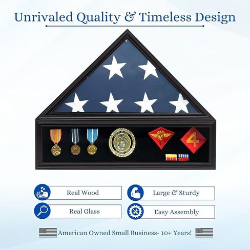 Personalized Military Shadow Box Display Case for Funeral Burial Flag, American Veterans Fits Folded 5x9.5’ Flag, Glass and New Zealand Pine Frame. (Walnut, Large) in Saudi Arabia