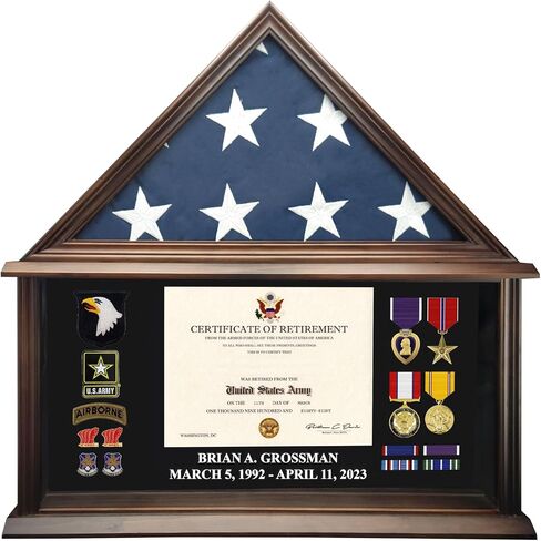 Personalized Military Shadow Box Display Case for Funeral Burial Flag, American Veterans Fits Folded 5x9.5’ Flag, Glass and New Zealand Pine Frame. (Walnut, Large) in Saudi Arabia