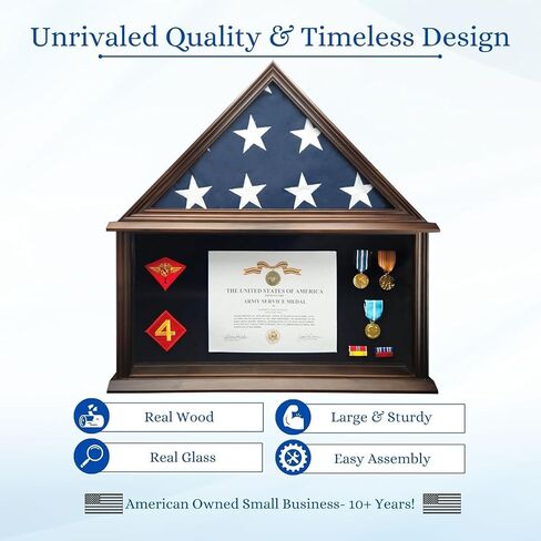 Personalized Military Shadow Box Display Case for Funeral Burial Flag, American Veterans Fits Folded 5x9.5’ Flag, Glass and New Zealand Pine Frame. (Walnut, Large) in Saudi Arabia