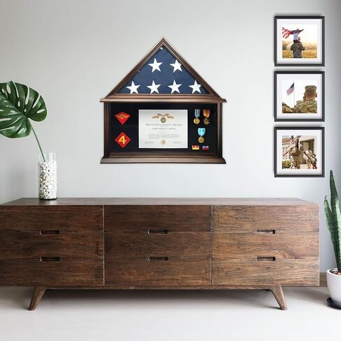 Personalized Military Shadow Box Display Case for Funeral Burial Flag, American Veterans Fits Folded 5x9.5’ Flag, Glass and New Zealand Pine Frame. (Walnut, Large) in Saudi Arabia