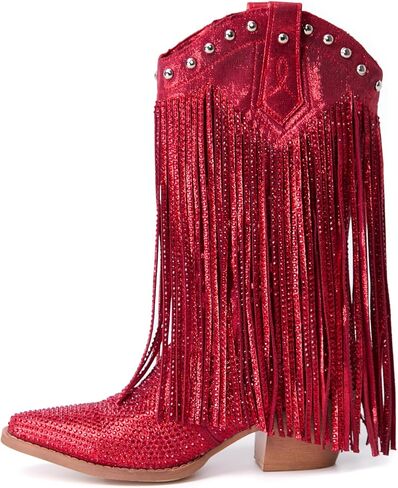 Women's Rhinestone Cowboy Boots, Sparkly Pointed Toe Fringe Western Cowgirl Boots Chunky Heel Mid Calf Boots, for Country Concert Music Festival Rodeo in Saudi Arabia