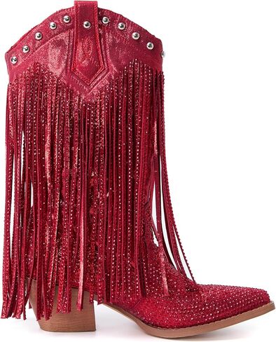 Women's Rhinestone Cowboy Boots, Sparkly Pointed Toe Fringe Western Cowgirl Boots Chunky Heel Mid Calf Boots, for Country Concert Music Festival Rodeo in Saudi Arabia