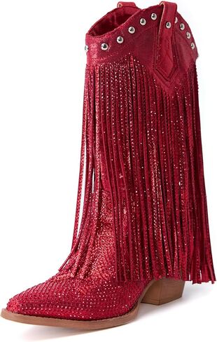 Women's Rhinestone Cowboy Boots, Sparkly Pointed Toe Fringe Western Cowgirl Boots Chunky Heel Mid Calf Boots, for Country Concert Music Festival Rodeo in Saudi Arabia