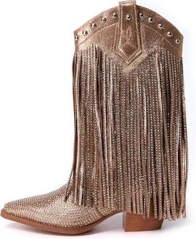 Winforea Women Thick Heel Pointed toe Ankle Boots CLadies rystal Rivet Fringe Booties，Short Boots in Saudi Arabia
