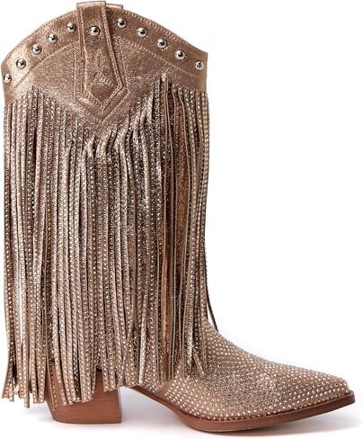 Winforea Women Thick Heel Pointed toe Ankle Boots CLadies rystal Rivet Fringe Booties，Short Boots in Saudi Arabia