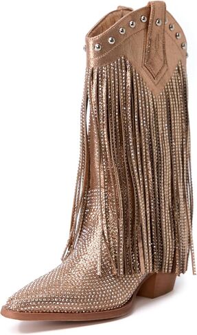 Winforea Women Thick Heel Pointed toe Ankle Boots CLadies rystal Rivet Fringe Booties，Short Boots in Saudi Arabia