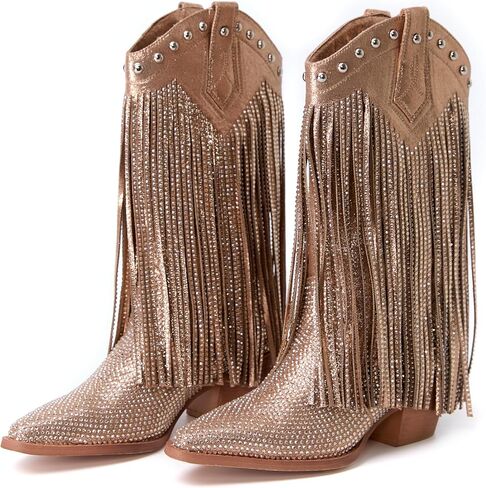 Winforea Women Thick Heel Pointed toe Ankle Boots CLadies rystal Rivet Fringe Booties，Short Boots in Saudi Arabia
