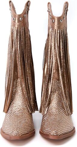 Winforea Women Thick Heel Pointed toe Ankle Boots CLadies rystal Rivet Fringe Booties，Short Boots in Saudi Arabia
