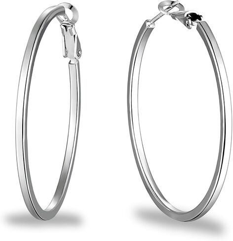 Elegant Oval Hoop Earrings for Women – 925 Sterling Silver with 14K White Gold Plating, Lightweight, Hypoallergenic, Polished Finish in Saudi Arabia