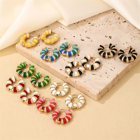 Colorful Rainbow Hoop Earrings for Women - Chunky Gold-Plated Enamel Circle Earrings, Fun and Vibrant Statement Jewelry in Saudi Arabia