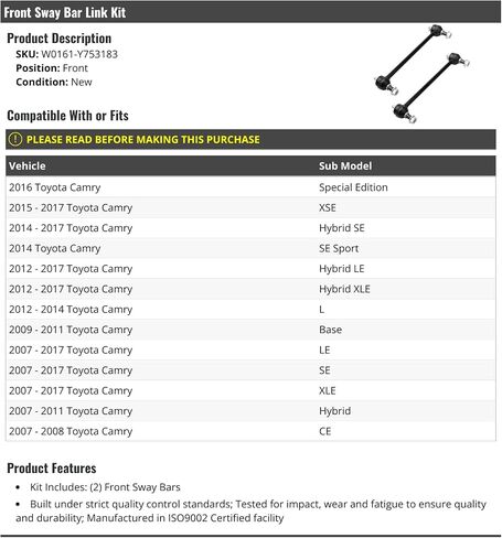 Front Sway Bar Link Kit - 2 Piece - Compatible with 2007-2017 Toyota Camry in Saudi Arabia