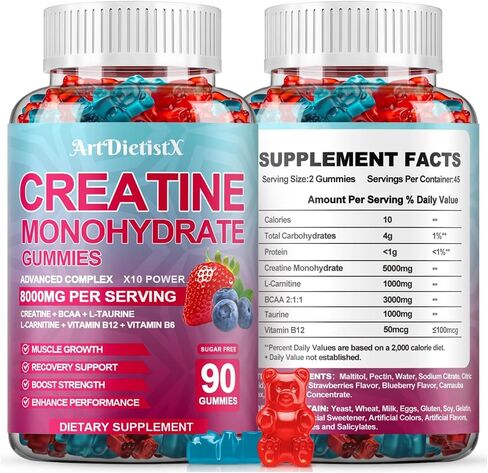 Creatine Monohydrate 8000mg Gummies with BCAA, L-Carnitine, Taurine & Vitamin B12 - Pre Workout Supplement for Muscle Growth, Strength & Energy, Multi-Flavor Chewable Gummies, 90 Count for Men & Women in Saudi Arabia