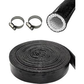 YAMAKATO 1/2" ID Heat Shielded Fire Thermo Armor Fire Sleeve Silicone Coated Fiberglass Heat Protection w/ 2 Clamps for Automotive Hose Lines & Electrical Wiring (Black, 3FT）
