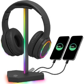 𝟐𝟎𝟐𝟒 𝐍𝐞𝐰 RGB Headphones Stand with 1 USB-C Data Transmission& 3 Type-C Charging Port, Desk Gaming Headset Holder with 7 Light Modes and Non-Slip Rubber Base (Black)