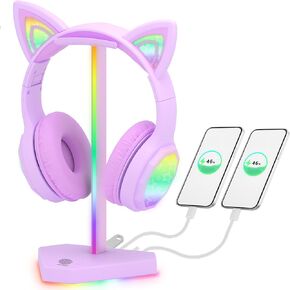 حامل سماعات رأس RGB مع 1 نقل بيانات USB-C و3 منافذ شحن من النوع C، وحامل سماعة رأس للألعاب المكتبية مع 7 أوضاع إضاءة وقاعدة مطاطية مضادة للانزلاق (أسود)