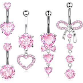 Zankulas Dangle Belly Button Rings Piercing Jewelry for Women Surgical Stainless Steel Dangling Belly Ring Pack with Heart Bow Elements 14g