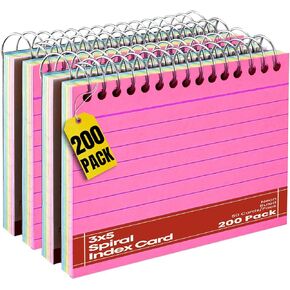 1InTheOffice Spiral Index Cards 3x5, Ruled Neon, Lined, Assorted Colors, 50 Cards/Pack (4 Pack)