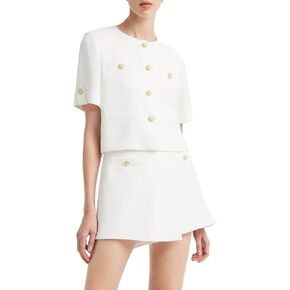 GOELIA Women's 2 Piece Suit Sets White Acetate Short Sleeve Blazer Jacket and Skirt Shorts Business Casual Outfits
