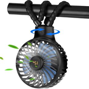 Baby Stroller Fan, 360°Auto Oscillating Handheld Fan, 4 Speed Rechargeable Small Personal Fan with Flexible Tripods, LED Display 3600mAh Portable Stroller Fan for Car Seat Crib Travel(Black)