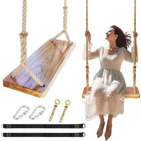 JMZOO Wooden Swing,Wood Swing Seat 24"x 8"x 1.2,Adult Wooden Swing Seat with Adjustable Hemp Rope 3-6.6FT 500lbs,Wood Swing for Backyard，Garden