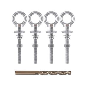 Eye Bolt with Nuts 3/8'' x 4'' (4 Pack), Imperial, Heavy Duty Stainless Steel 3/8-16 Long Eye Bolts, Bonus Drill Bit Included