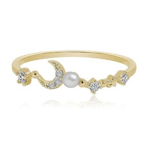 Meissa Dainty Moon Ring 925 Sterling Silver Ring with Pearl Unique Celestial Ring Thin Stacking Ring Handmade Rings for Women Size 5-8 (Gold, 5.25)