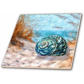 3dRose Blue Seashell على الشاطئ في خليج صغير في المحيط مع أعشاب صيفية. - بلاط سيراميك، 4 بوصة (ct_202960_1)