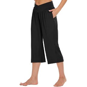Vmiakop Womens Wide Leg Capris Casual Summer Loose Lounge Crossover Pullover High Waist Capri Pants with Pockets
