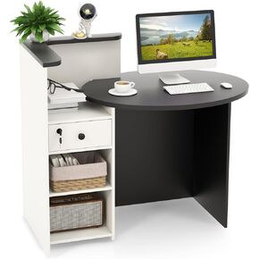 MEDIMALL Reception Desk, Retail Counter Desk with Lockable Drawer, 3-Level Adjustable Shelf & Oval Desktop, Checkout Front Counter, L-Shaped Office Desk for Company, Lobby & Store (Brown & White)