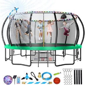 Large Outdoor Trampoline with Basketball Hoop, 10 12 14 15 16FT Trampoline with Lights for Kids and Adults, Recreational Trampoline with Sprinkler and Stakes