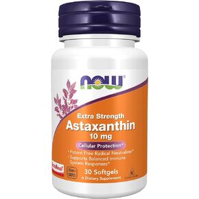 NOW Supplements, Astaxanthin 10mg, Extra Strength,derived from Non-GMO Haematococcus Pluvialis Microalgae and has Naturally Occurring Lutein, Canthaxanthin and Beta-Carotene, 30 Softgels