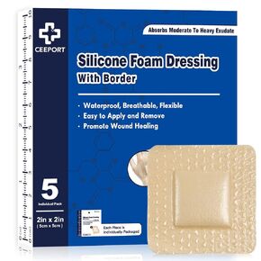 Ceeport Silicone Foam Dressing with Adhesive Gentle Border 3" x 3" 10 Pack, Waterproof Wound Dressing, High Absorbency Bed Sore Wound Bandages, Square Breathable Foam Dressing for Wound Care