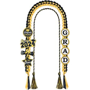JOTFA Graduation Leis 2024، Graduation Money Leis مصنوع يدويًا بشريط مضفر مزدوج مع 8 رقع لامعة للتخرج لديكورات حفلات التخرج (لي التخرج، أسود وذهبي)