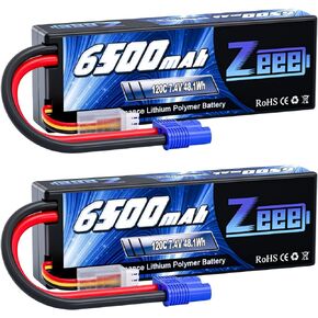 Zeee 2S Lipo Battery 6500mAh 120C 7.4V Hard Case Battery with EC3 Connector for RC Vehicles RC Car Truck Truggy 1/10 Scale Racing Models(2 Pack)