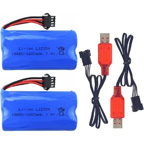 MOONZON 2PCS 7.4V 1200mAh Lithium Battery with SM-4P 4 pin Plug USB Charging Cable for EC08 RC Boat RC Car Model Spare Battery