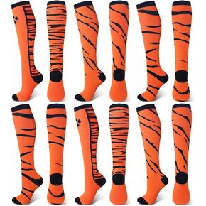Zoooyawn 6 Pairs Tiger Socks Orange Baseball Socks Stripe Softball Over the Calf Sock Safari Tiger Soccer Team Socks for Girls Boys Sports