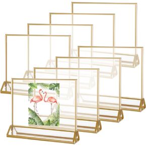 LOYORTY 8PCS 6x4 Acrylic Sign Holders with Golden Border, Double-Sided Picture Frames, Clear Gold Table Number Holders for Wedding Reception, Centerpiece, Decoration, Party