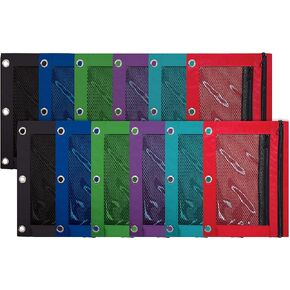 Better Office Products 3 Ring Pencil Pouch, 12 Pack, with Mesh Window, 2 Compartments, Assorted Colors