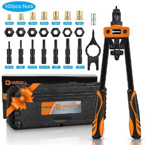 HARDELL Rivet Nut Tool, 14" Rivnut Tool with 100 Pcs Rivet Nuts and 7 Metric & Inch Mandrels M6 M8 M10, 1/4-20, 5/16-18, 3/8-16, 10-24 and Rugged Carrying Case