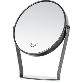 NEZZOE 5X Magnifying Makeup Mirror, 6 inch Double Sided Desk Mirror, 1X/5X Magnification Round Vanity Mirror, Black Metal Tabletop Mirror