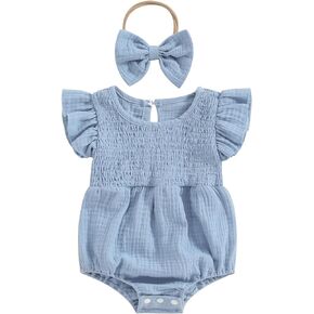 Newborn Baby Girl Clothes Ruffle Sleeve Solid Smocked Bubble Romper Jumpsuit Bow Headband Cute Summer Clothes