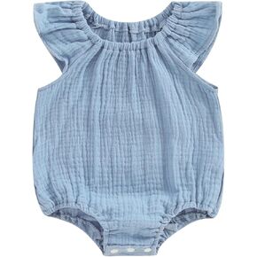 Newborn Baby Girl Clothes Ruffle Sleeve Solid Smocked Bubble Romper Jumpsuit Bow Headband Cute Summer Clothes