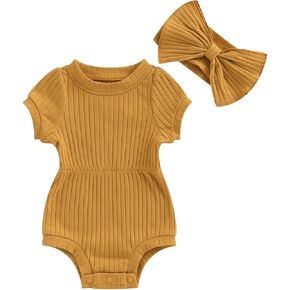 Newborn Baby Girls Onesie Romper Jumpsuit Bodysuits Ribbed Short Sleeve One-Piece Headband Summer Outfits