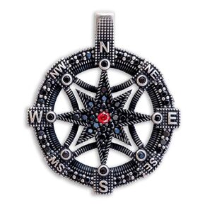 Compass Pendant Necklace 925 Sterling Silver Black Crystals Zircon Stones CZ - Navigator Graduation Gift Jewelry for Men Women - Handmade (Navigator)