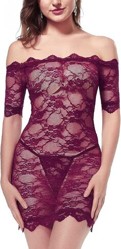 Ufuntaste ملابس داخلية مثيرة قبالة الكتف بسط قميص الأزهار بيبي دول الدانتيل سليم داخلية ملابس نوم حفلة S-4XL in Saudi Arabia