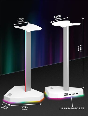 حامل سماعات رأس RGB مع 1 نقل بيانات USB-C و3 منافذ شحن من النوع C، وحامل سماعة رأس للألعاب المكتبية مع 7 أوضاع إضاءة وقاعدة مطاطية مضادة للانزلاق (أسود) in Kuwait