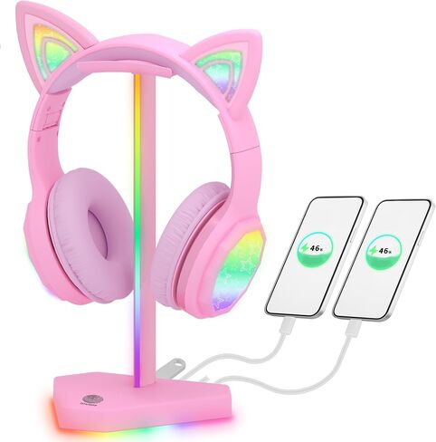 حامل سماعات رأس RGB مع 1 نقل بيانات USB-C و3 منافذ شحن من النوع C، وحامل سماعة رأس للألعاب المكتبية مع 7 أوضاع إضاءة وقاعدة مطاطية مضادة للانزلاق (أسود) in Kuwait