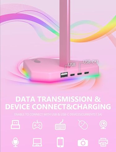 حامل سماعات رأس RGB مع 1 نقل بيانات USB-C و3 منافذ شحن من النوع C، وحامل سماعة رأس للألعاب المكتبية مع 7 أوضاع إضاءة وقاعدة مطاطية مضادة للانزلاق (أسود) in Kuwait