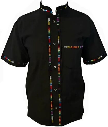 قمصان Guayabera المكسيكية للرجال متعددة الألوان والمقاسات المصنوعة في المكسيك قمصان رجالي بجيب أمامي من هاواي كاجوال بأكمام قصيرة وأزرار للأسفل قميص Oaxaca للشاطئ (M، أسود) in Kuwait