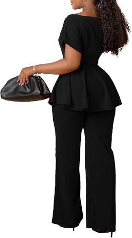 طقم بدلة نسائية مكون من قطعتين من Ekaliy بأكمام قصيرة وسروال واسع من Peplum أطقم بدلات عمل in Kuwait